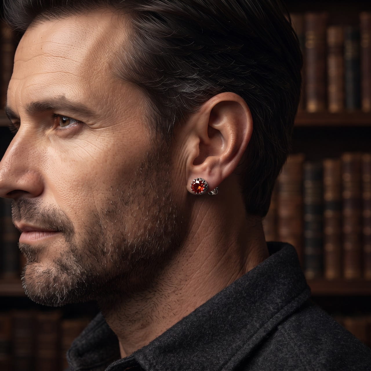 Puce d'oreille zircon rouge en acier portée au lobe, couronne ajourée