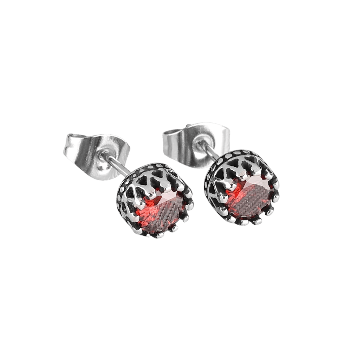 Puces d'oreilles zircon rouge en acier inoxydable, couronne ajourée à bord dentelé laissant passer la lumière