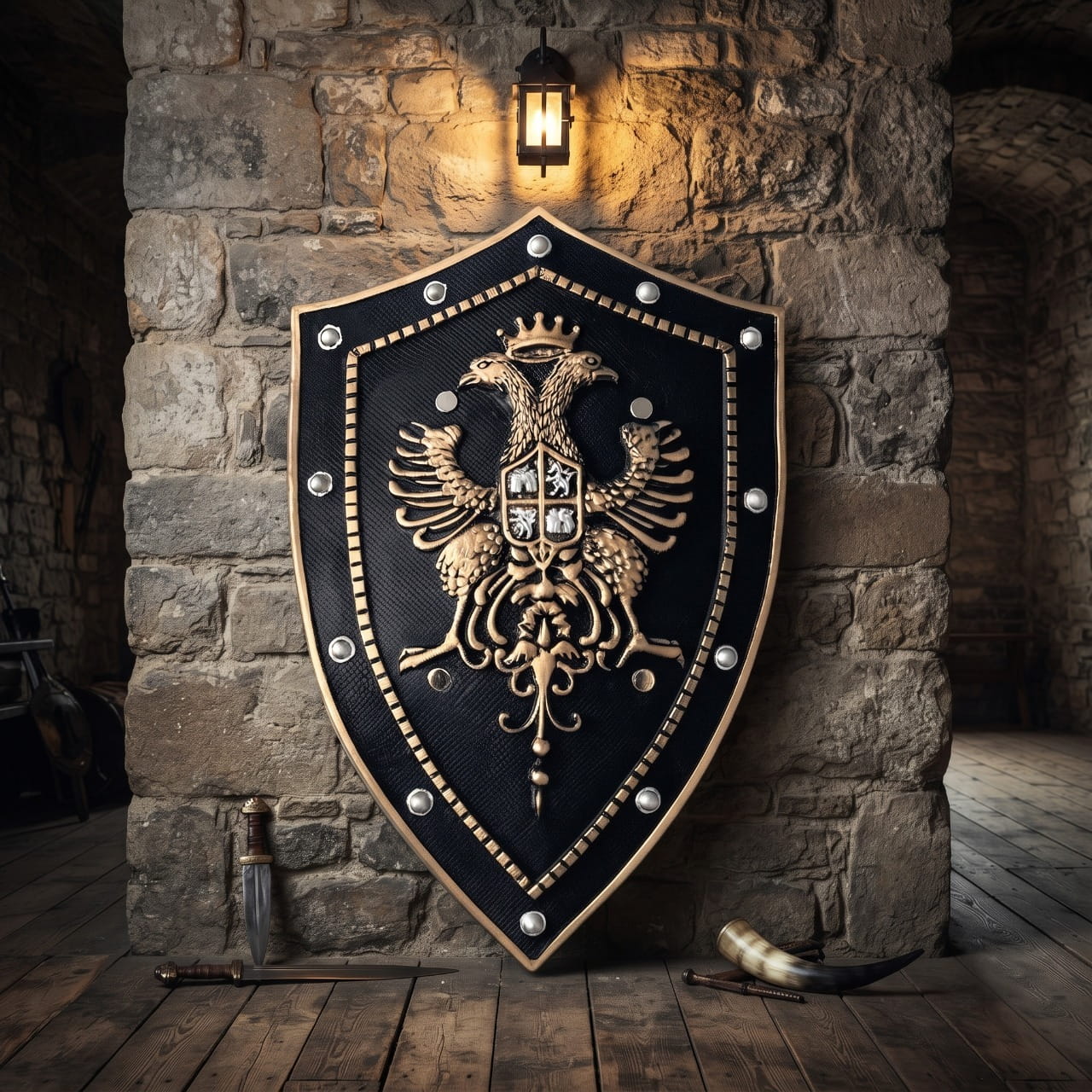 Bouclier viking noir et or à l'aigle bicéphale doré et bordure cloutée, adossé à un mur de pierre