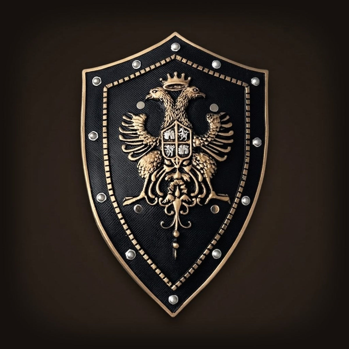Bouclier viking noir et or, blason à l'aigle bicéphale doré sur fond noir, bordure cloutée