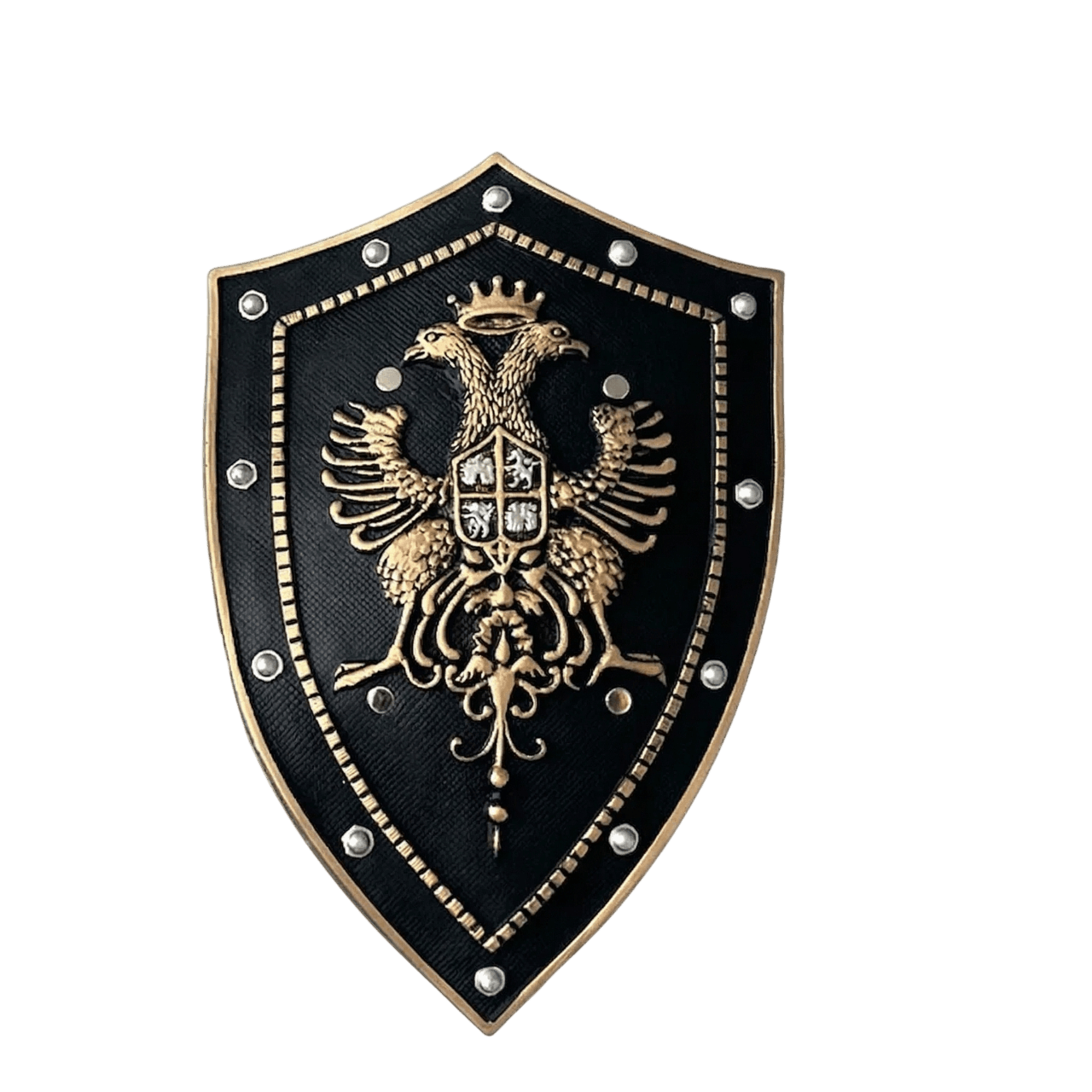 Bouclier viking noir et or, blason à l'aigle bicéphale doré sur fond noir, bordure cloutée, sur fond blanc