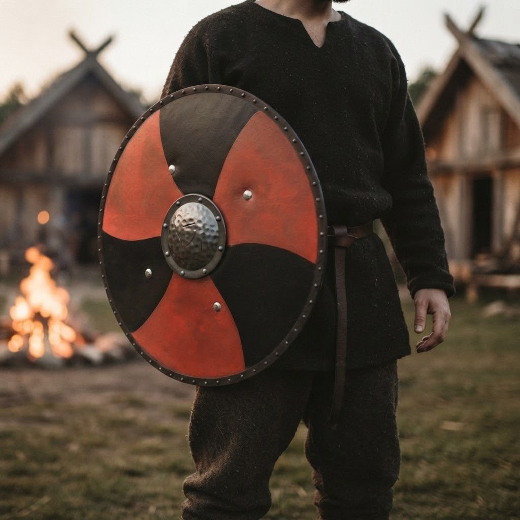 Bouclier viking rond de 48 cm en mousse PU, quartiers rouges et noirs et umbo argenté, porté au bras dans un village viking au crépuscule