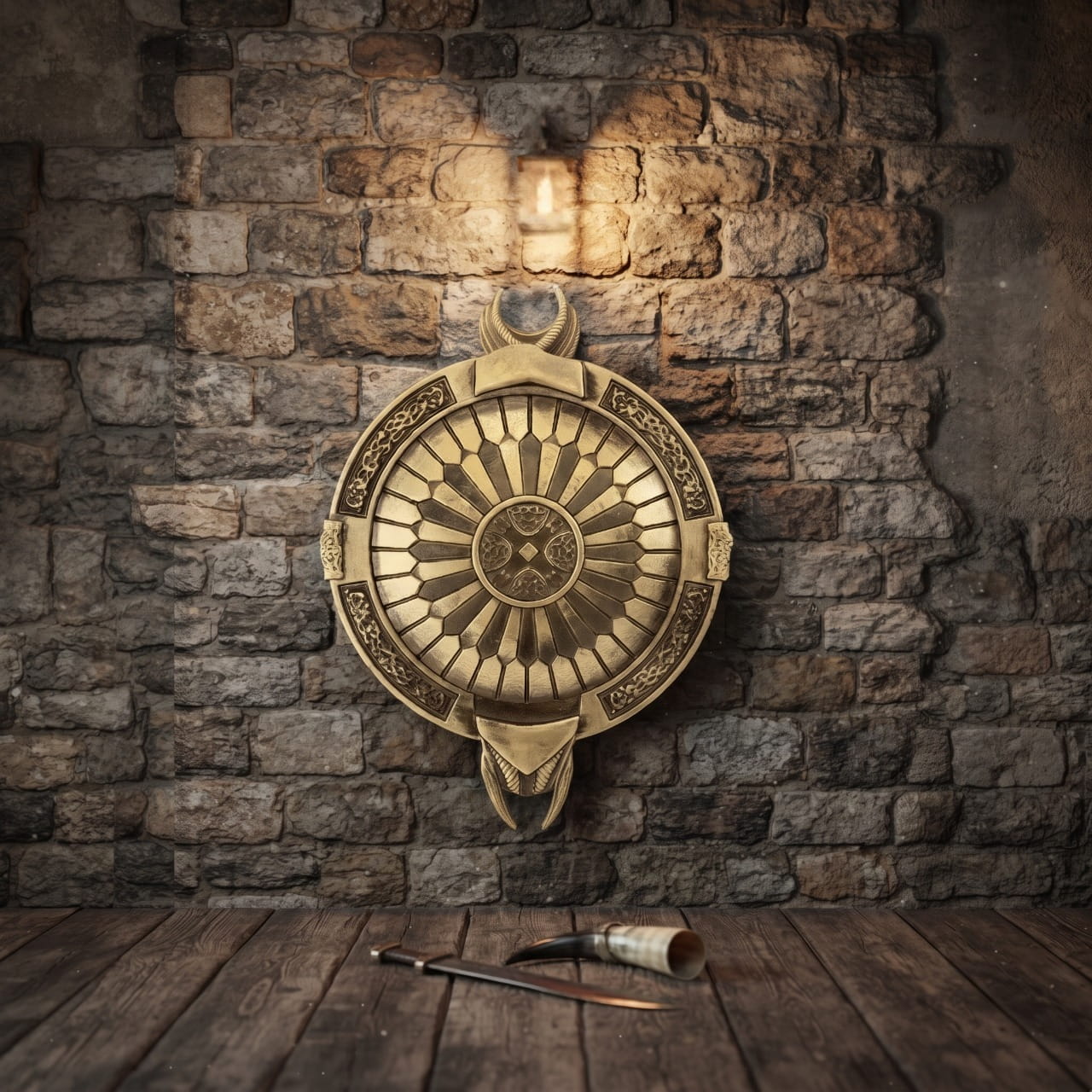 Bouclier Viking Rond Bronze Motifs Nordiques Mousse PU 53cm — mousse PU — en situation