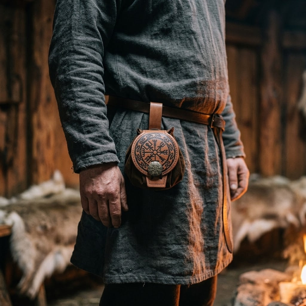 Bourse de ceinture viking motif Vegvísir portée à la ceinture sur une tunique de lin, dans une maison longue éclairée par le feu