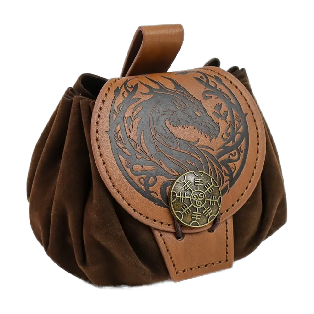 Bourse de ceinture viking en similicuir, motif tête de dragon cerclée d’entrelacs, bouton Ægishjálmur