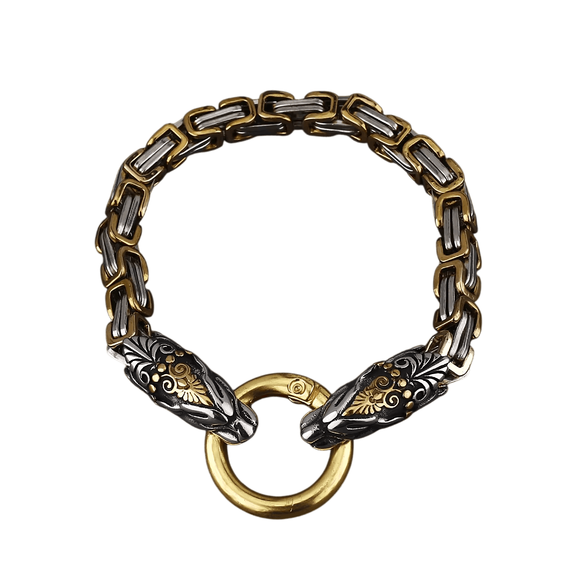 Bracelet Chaîne Byzantine à Têtes de Dragon : Anneau Central, vue de détail sur fond blanc