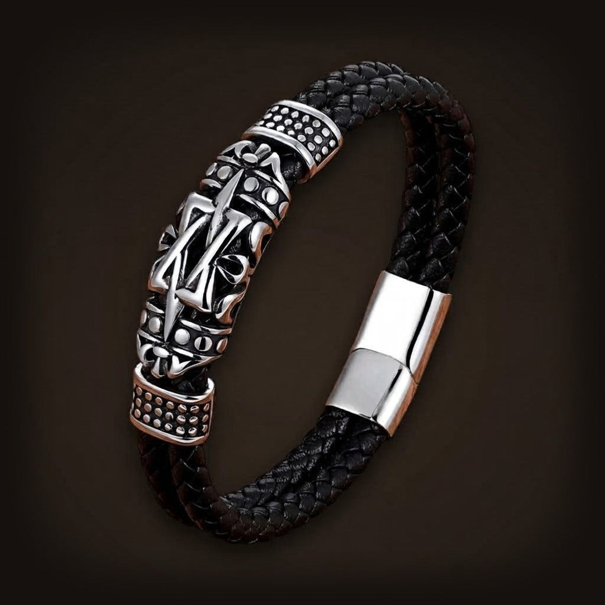 Bracelet Cuir Tressé Double Rang : Plaque Ouvragée, Fermoir Aimanté