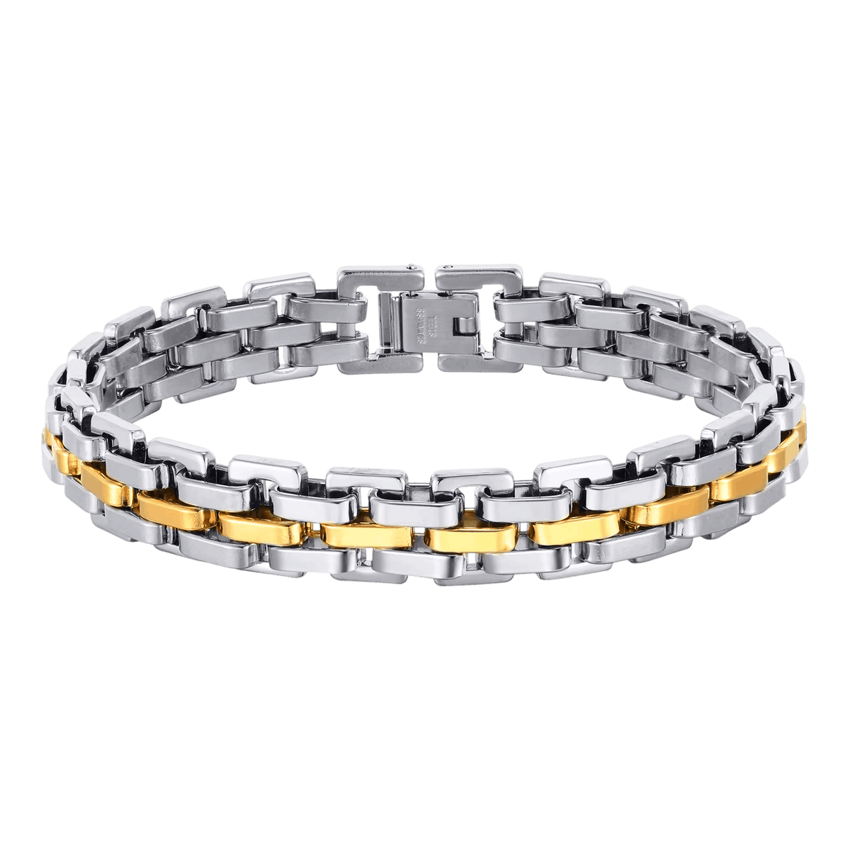 Bracelet Maille de Montre Bicolore : Acier et Or, vue de détail sur fond blanc