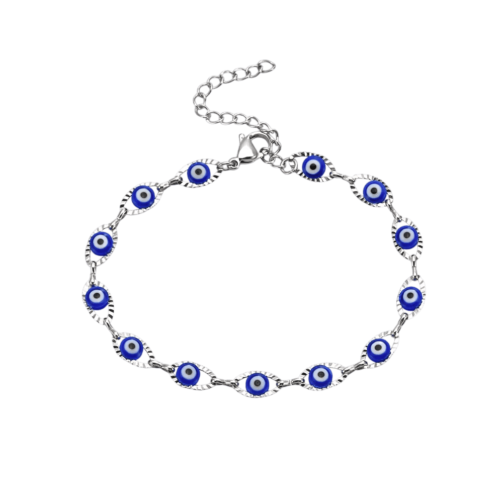 Bracelet Mauvais Œil : Perles Bleues sur Chaîne Fine, vue de détail sur fond blanc