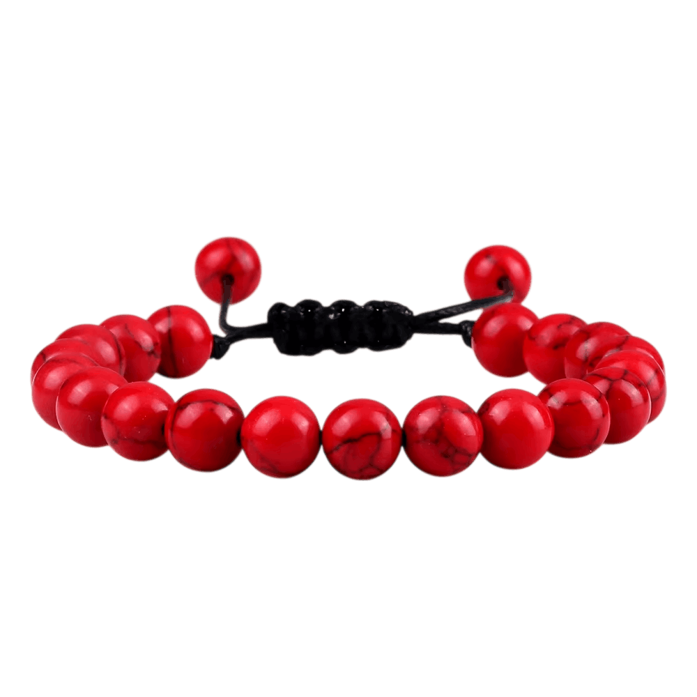 Bracelet de Perles en Howlite Rouge : Cordon Coulissant, vue de détail sur fond blanc