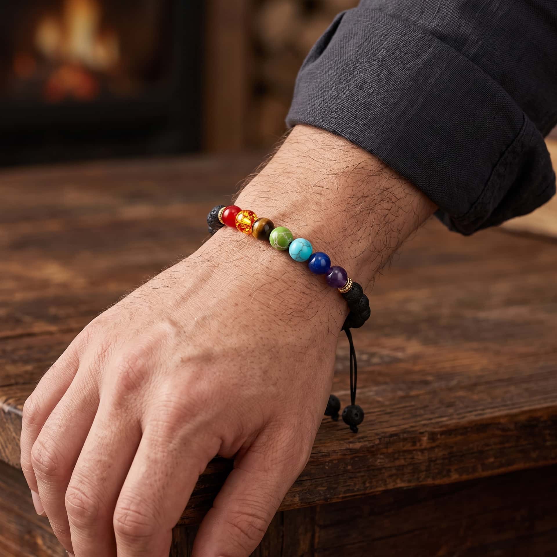 Bracelet de Perles en Pierre de Lave et Sept Chakras, porté au poignet