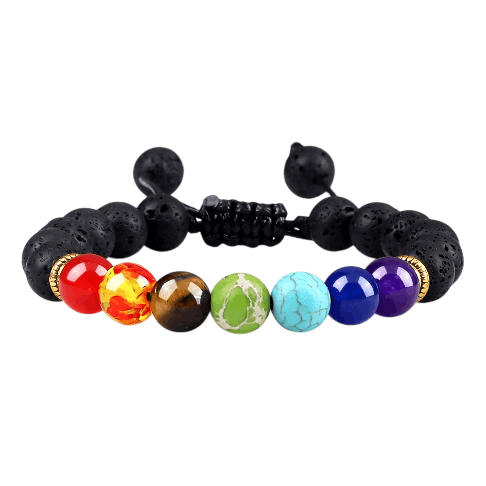 Bracelet de Perles en Pierre de Lave et Sept Chakras, vue de détail sur fond blanc