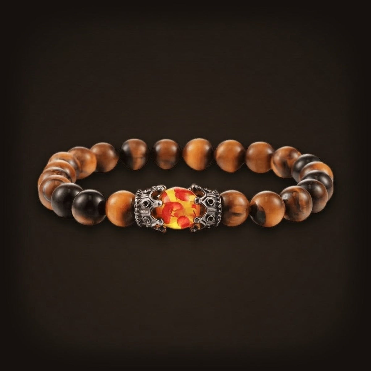 Bracelet de Perles en Œil-de-Tigre Brun : Couronnes Argentées