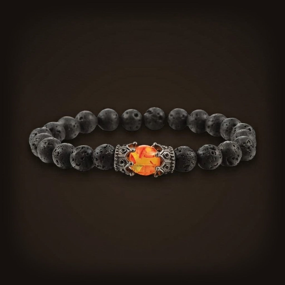 Bracelet de Perles en Pierre de Lave Noire : Couronnes et Perle de Feu
