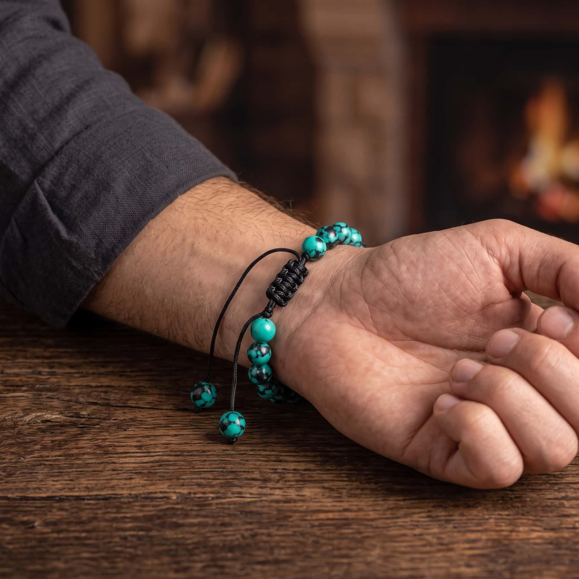 Bracelet de Perles en Turquoise Mouchetée : Cordon Coulissant, porté au poignet