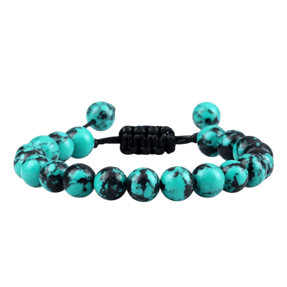 Bracelet de Perles en Turquoise Mouchetée : Cordon Coulissant, vue de détail sur fond blanc