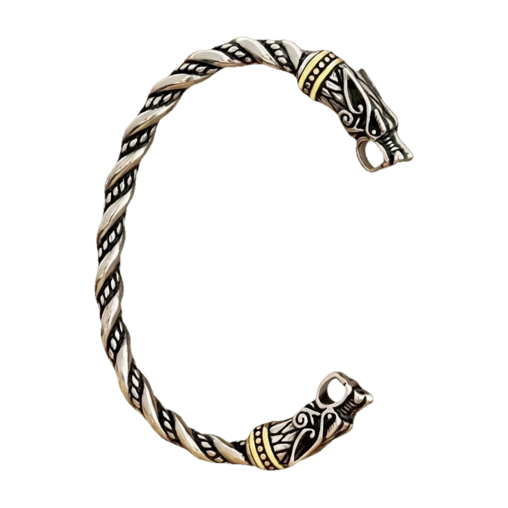 Bracelet torque viking en acier torsadé, deux têtes de dragon cerclées d’une bague dorée