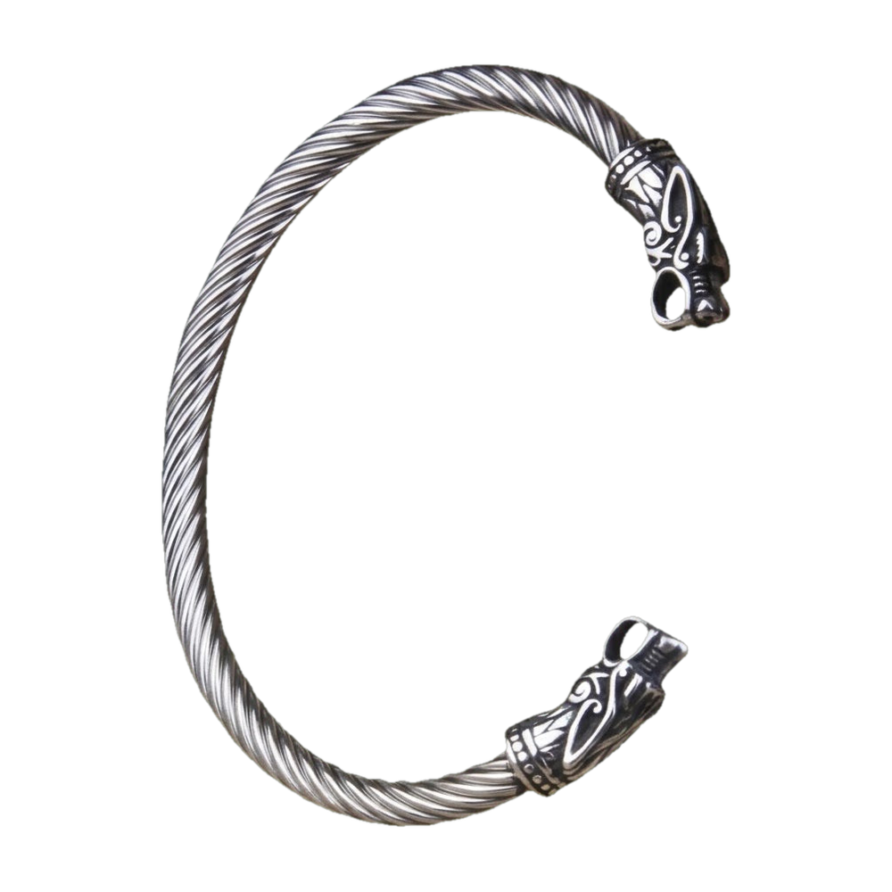 Bracelet torque viking en câble d’acier torsadé, deux têtes de dragon à collerette d’entrelacs