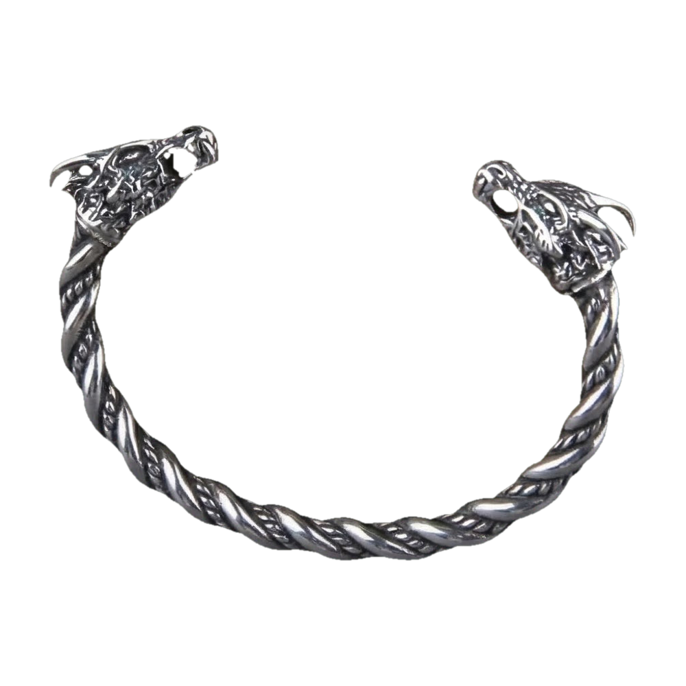 Bracelet torque viking en acier argenté torsadé, deux têtes de dragon cornues aux écailles ciselées