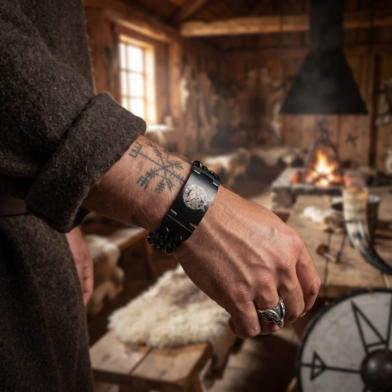 Bracelet viking en acier noirci orné d'une tête de loup en relief, porté au poignet, décor de maison longue