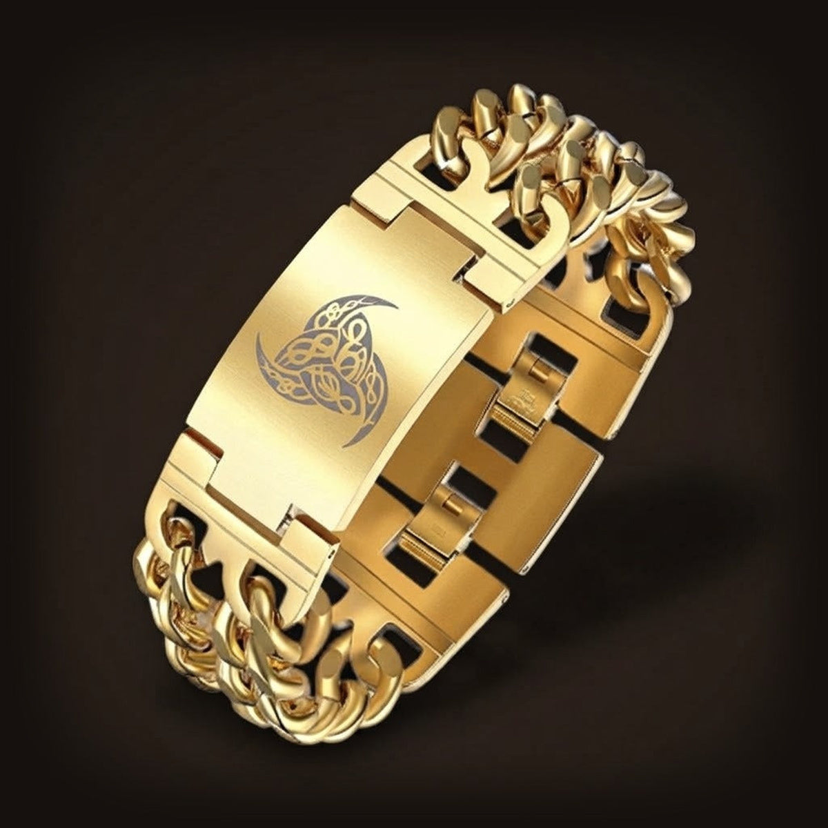 Bracelet viking à maillons épais en acier doré, plaque gravée de la triple corne d'Odin en entrelacs