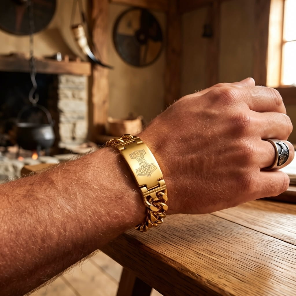 Bracelet viking en chaîne à maillons dorés, plaque gravée du marteau de Thor, porté au poignet dans une maison longue