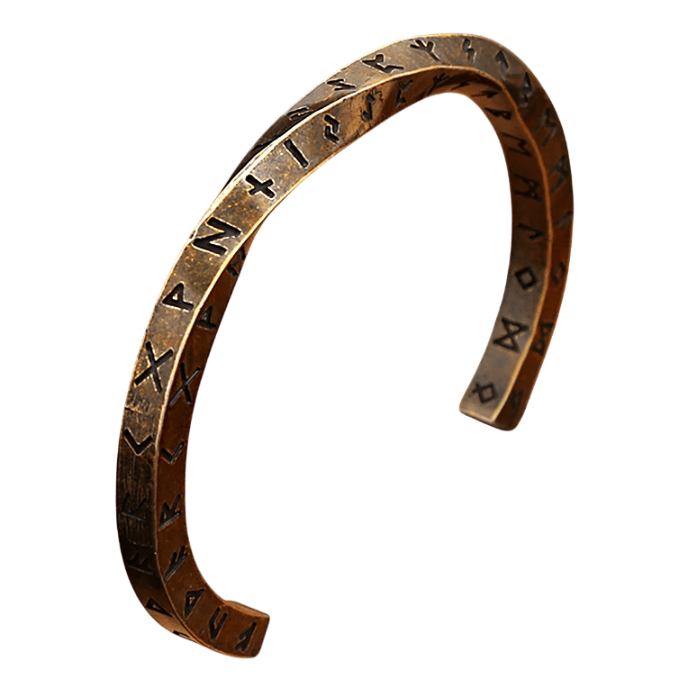 Bracelet viking de type jonc en acier inoxydable couleur bronze antique avec les 24 runes du Vieux Futhark gravées sur la surface.