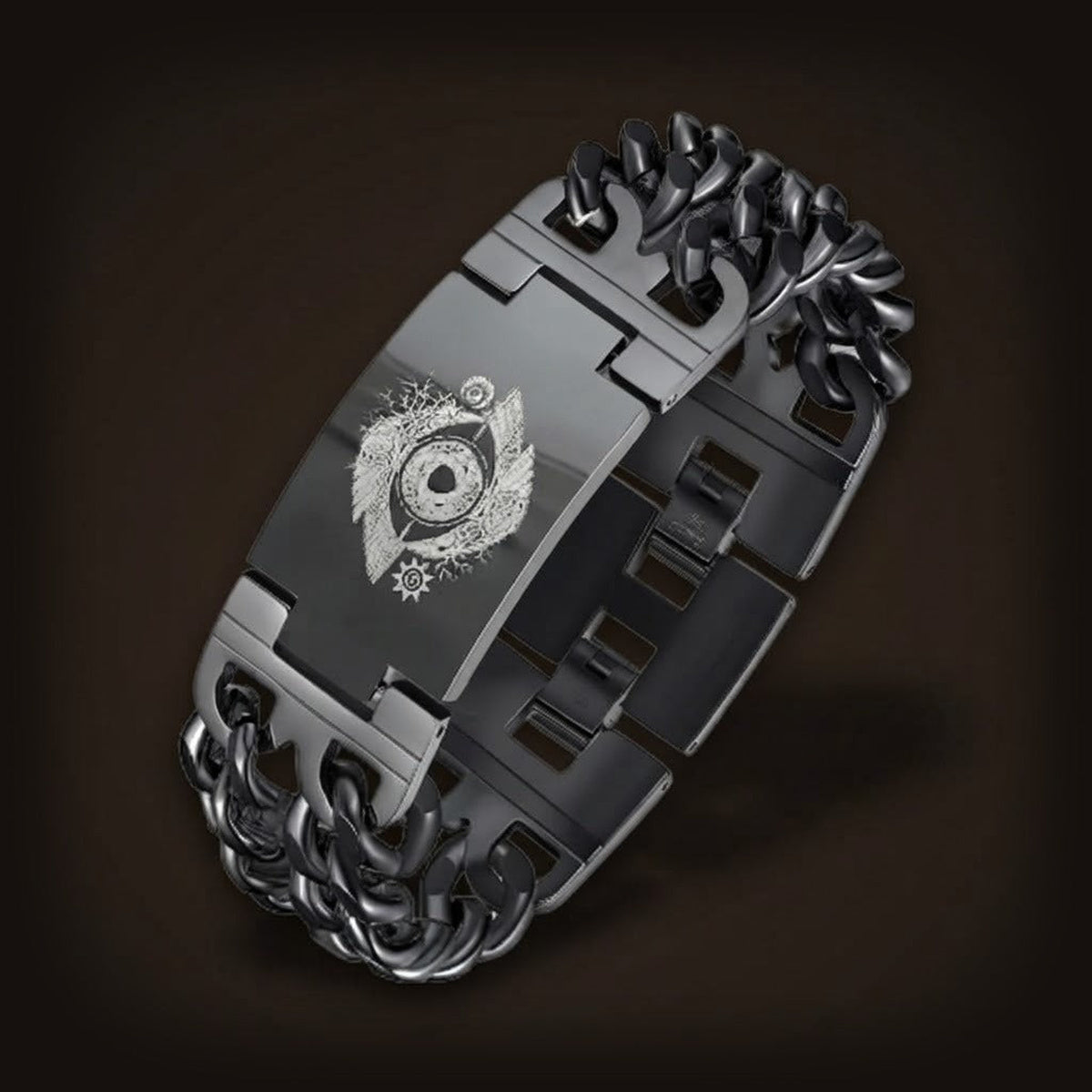 Bracelet viking en acier noir mat, plaque gravée d'un grand œil entouré de branches, maillons gourmette
