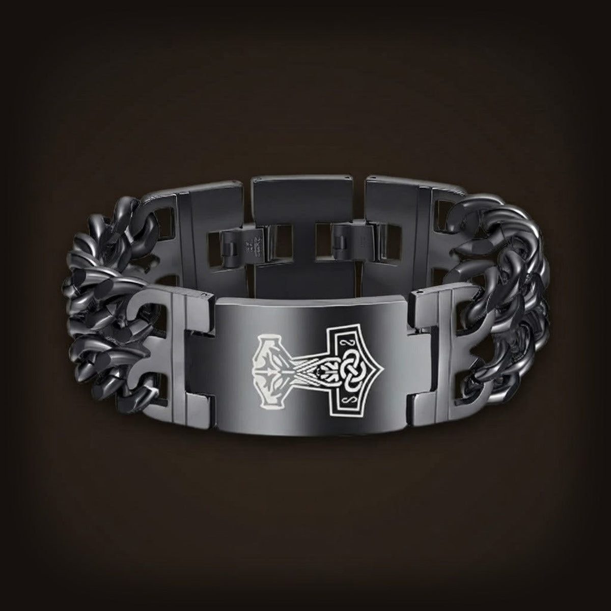 Bracelet viking en acier noir mat, plaque gravée de Mjölnir, le marteau de Thor, maillons gourmette
