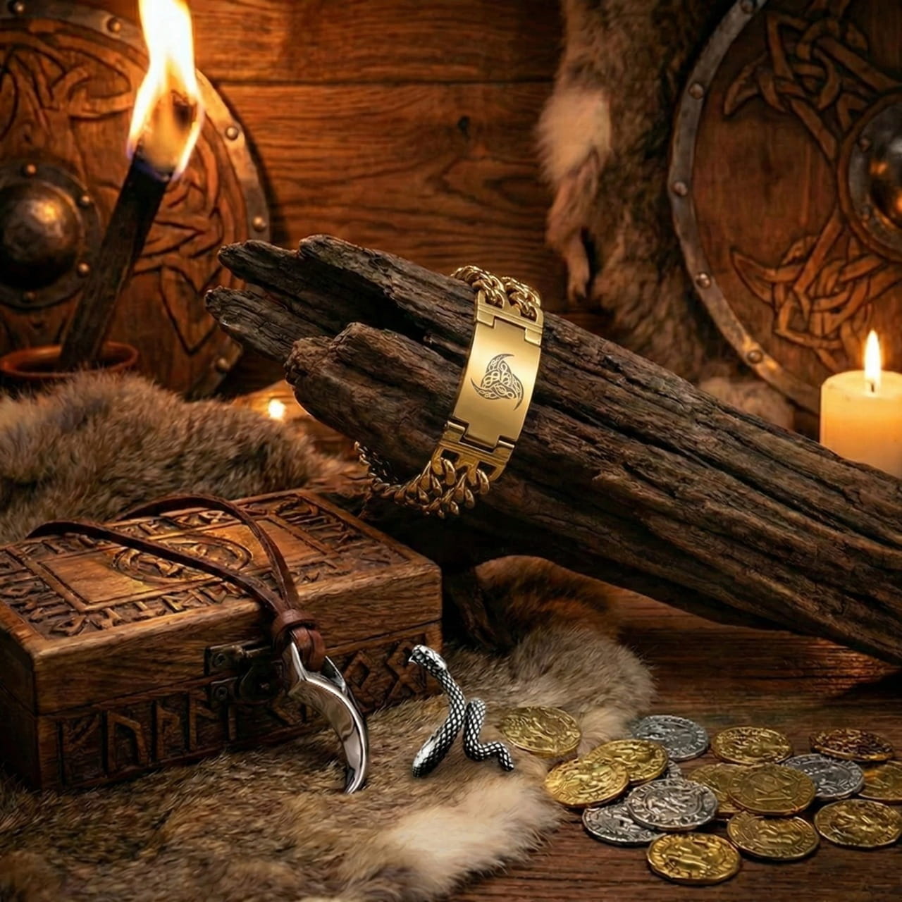 Bracelet viking en or avec runes sur un morceau de bois, accompagné d'un collier pendentif griffe et d'un coffret runique, un bijou viking artisanal d'exception.