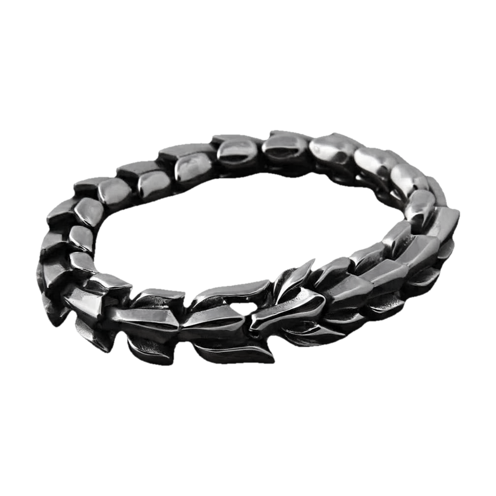 Bracelet viking Ouroboros en acier poli, écailles de dragon articulées, la gueule mordant la queue