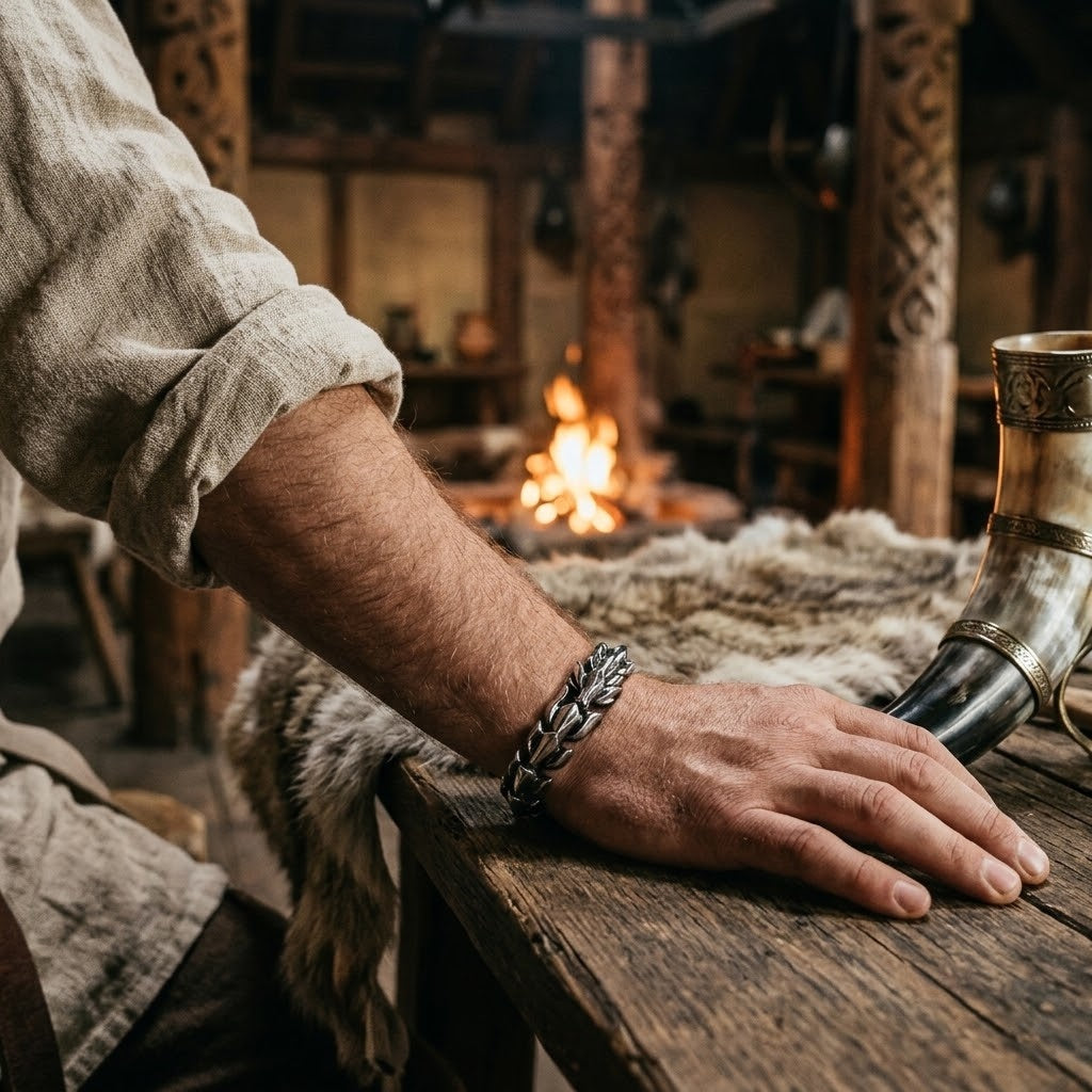 Bracelet viking Ouroboros en acier poli porté au poignet, la main posée près d’une corne à boire sur une table couverte d’une fourrure, dans une maison longue éclairée par le feu