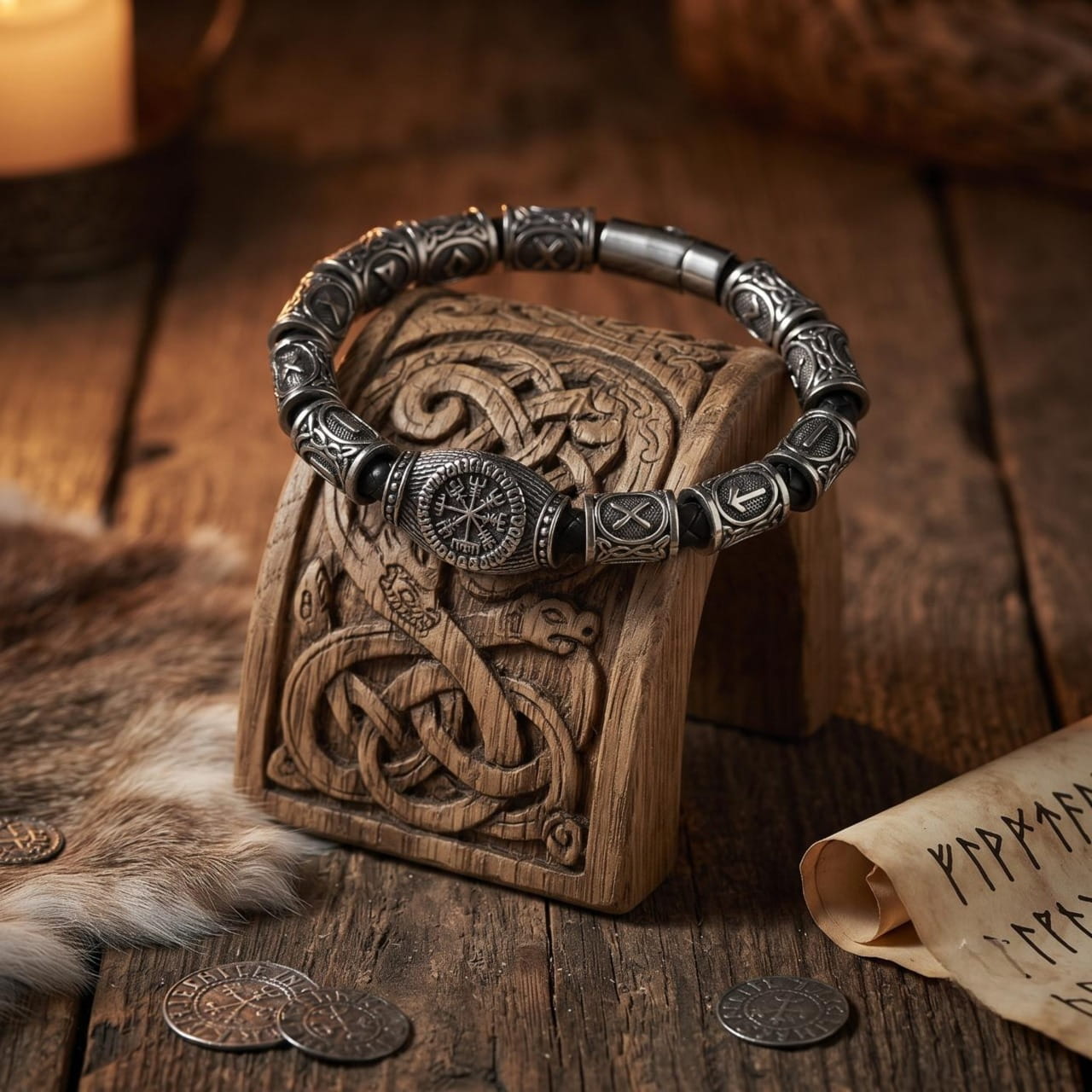 Bracelet viking en perles d'acier et de pierre noire avec perle Vegvísir, sur un socle de bois gravé