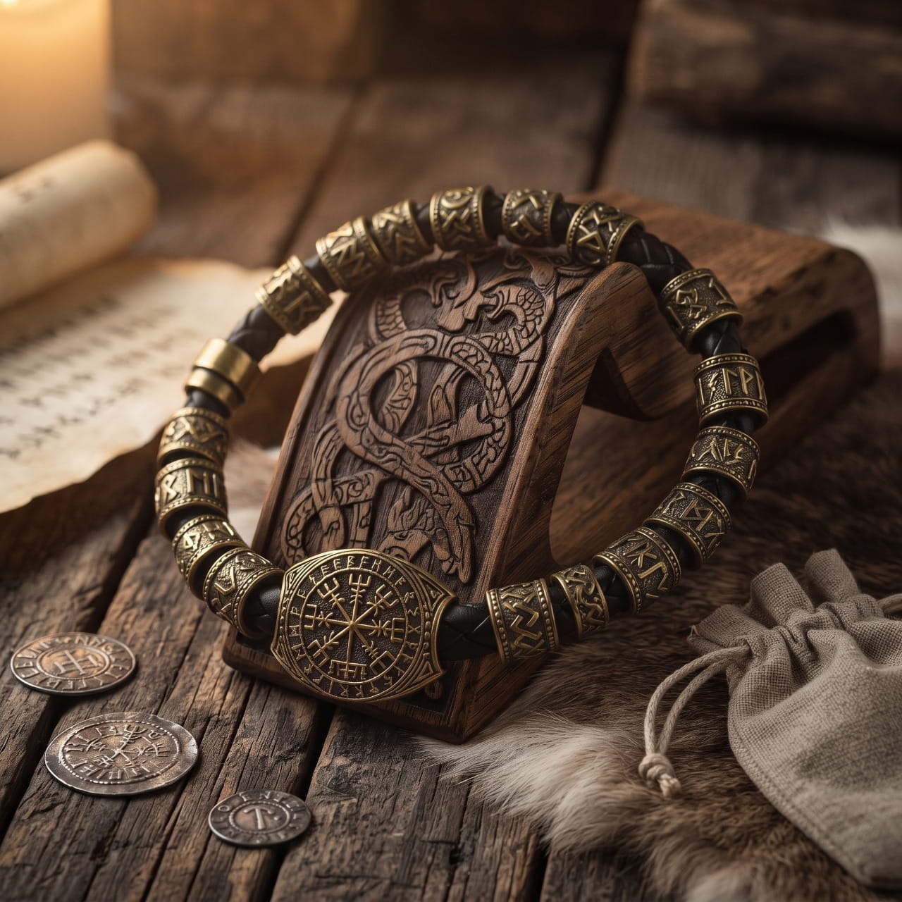 Bracelet viking en perles de bois et bronze avec médaillon Vegvísir, posé sur un bloc de bois sculpté