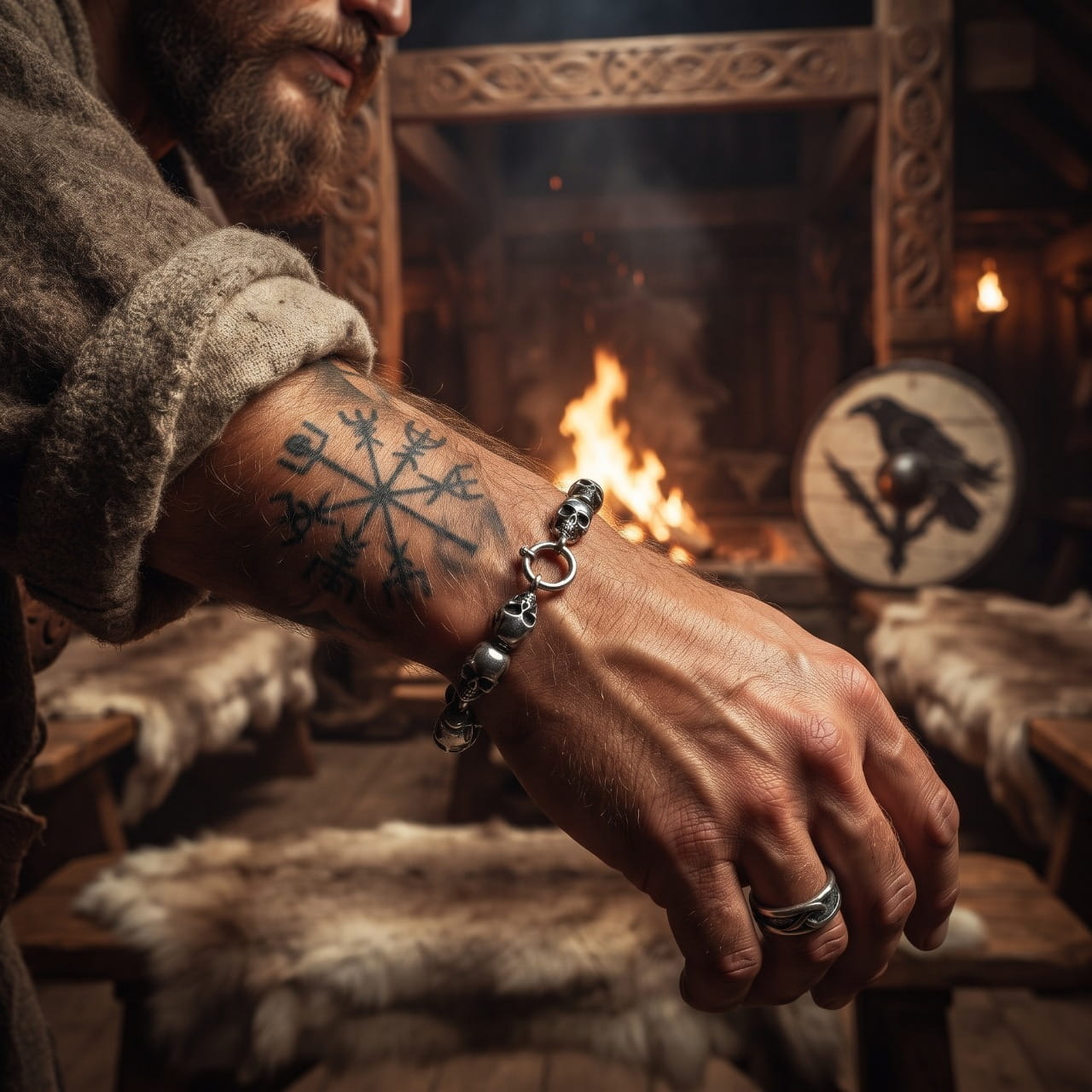 Bracelet viking en perles d'onyx noir avec tête de mort en acier, porté au poignet devant un feu de foyer