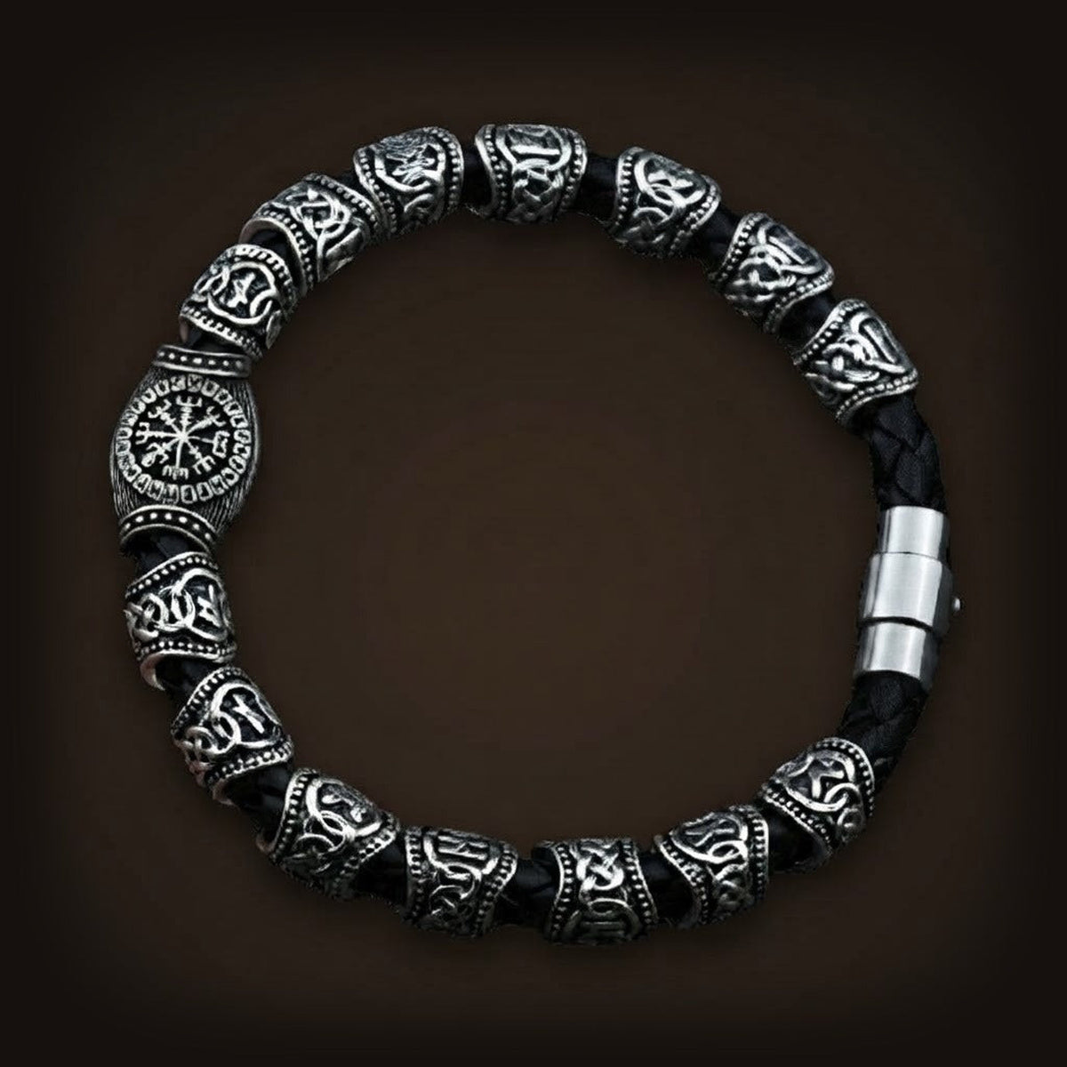 Bracelet viking 15 perles runiques Futhark avec Vegvisir central argent antique