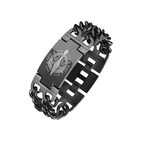 Bracelet viking cuir multicouche noir tete de loup fenrir