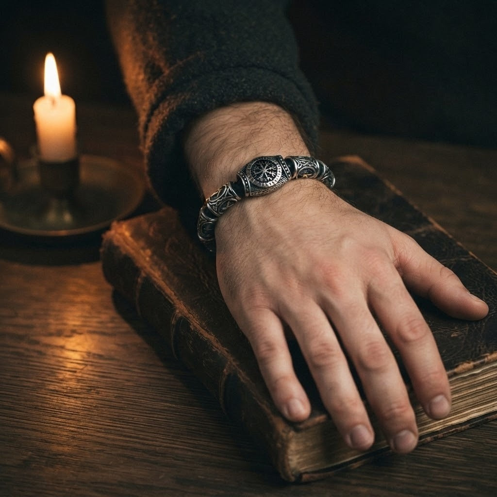 Bracelet viking à perles runiques et perle Vegvísir en alliage argenté sur cordon tressé noir, porté au poignet d'un homme, main posée sur un livre ancien à la lueur d'une bougie