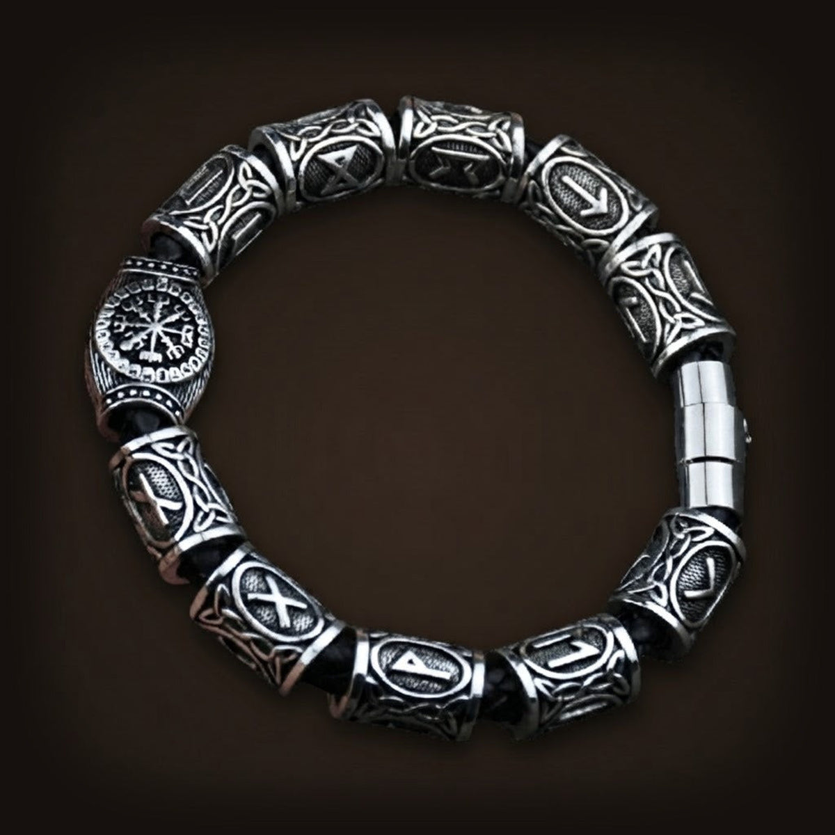 Bracelet viking perles runiques avec Vegvisir boussole argent antique