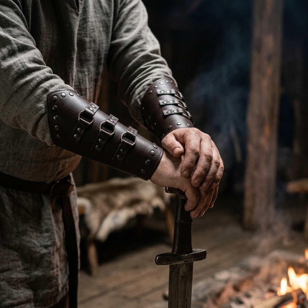 Brassards vikings en simili cuir marron portés sur les manches d’une tunique de lin, dans une maison longue éclairée par le feu