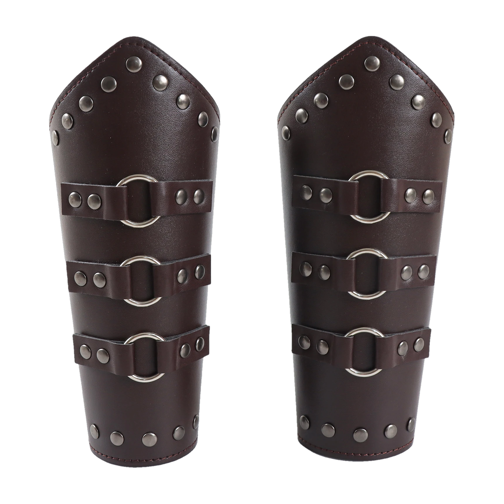Paire de brassards vikings en simili cuir marron, rivets et trois sangles à anneaux