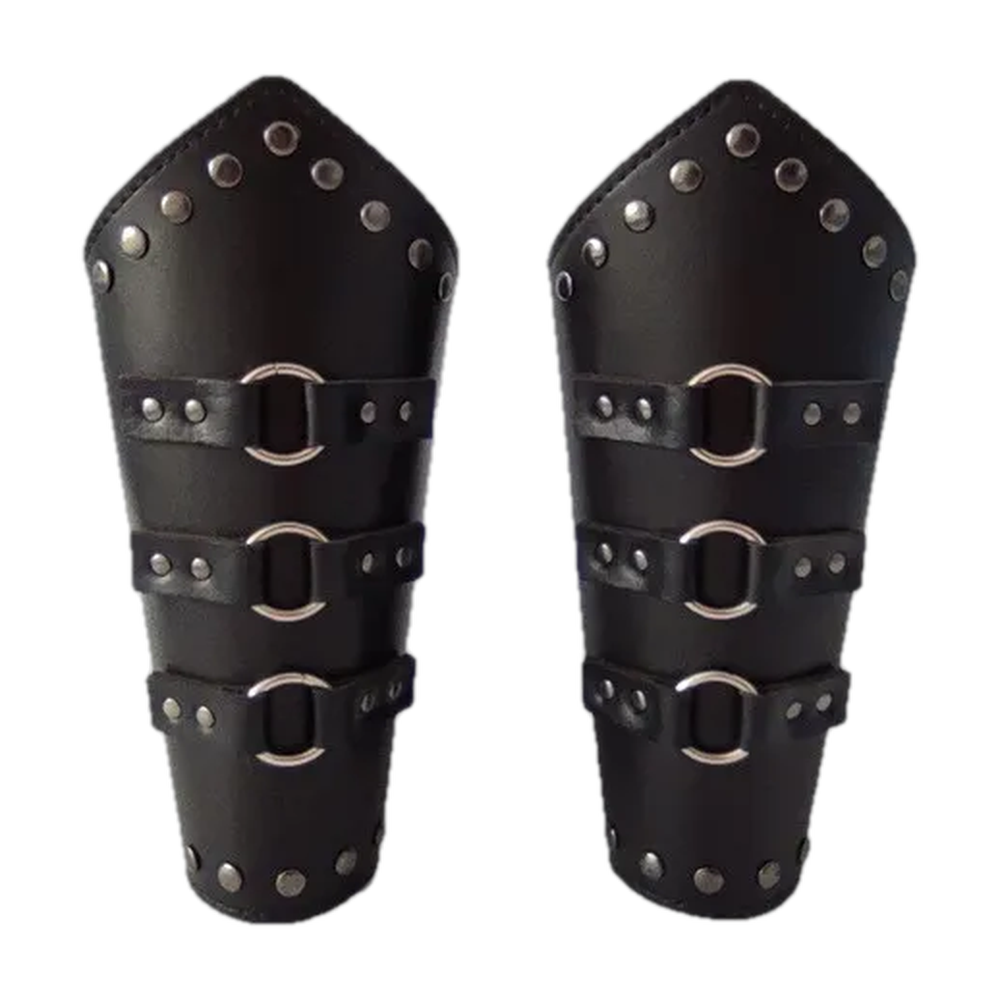 Paire de brassards vikings en simili cuir noir, rivets et trois sangles à anneaux