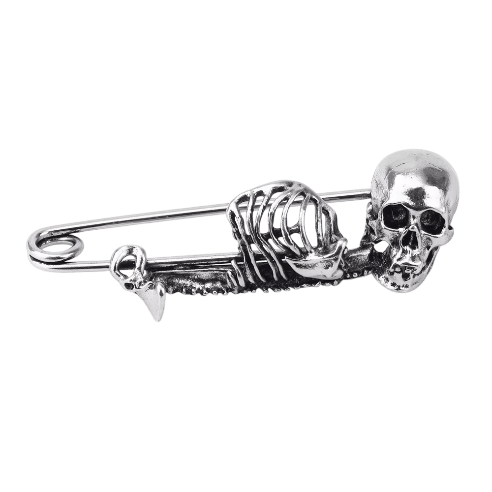 Broche épingle de sûreté, squelette en alliage argent vieilli, crâne et main le long de la tige