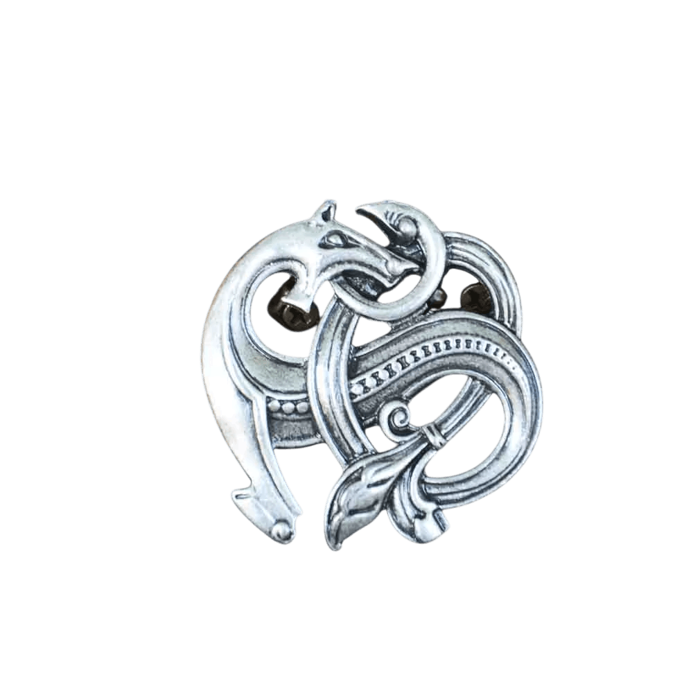 Broche viking ajourée, bête-ruban de style Urnes, alliage argent vieilli