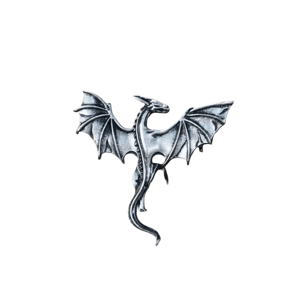 Broche viking dragon en vol, alliage argenté, ailes nervurées déployées et queue effilée