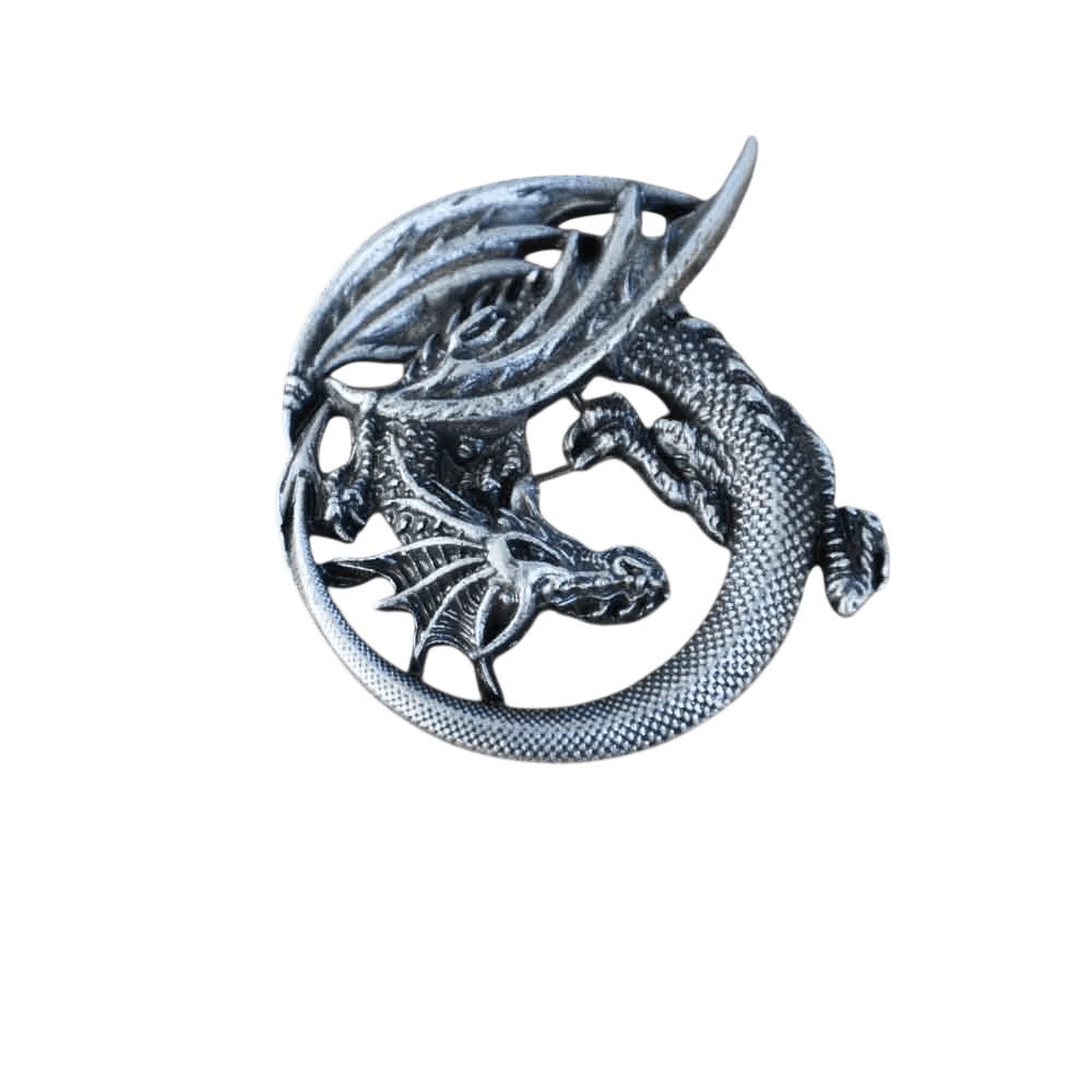 Broche viking ajourée, dragon lové en anneau, alliage finition argent vieilli