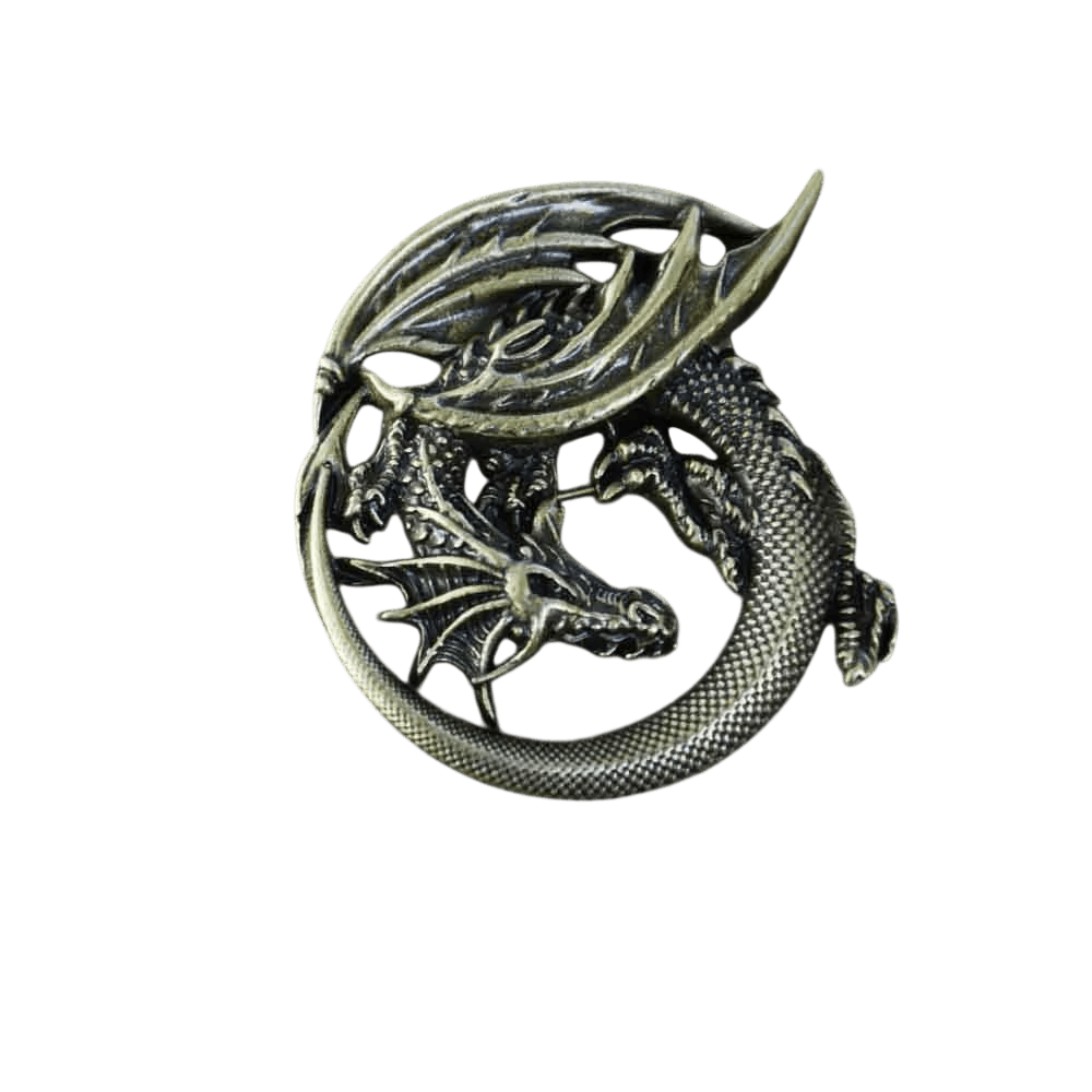 Broche viking ajourée, dragon lové en anneau, alliage finition bronze