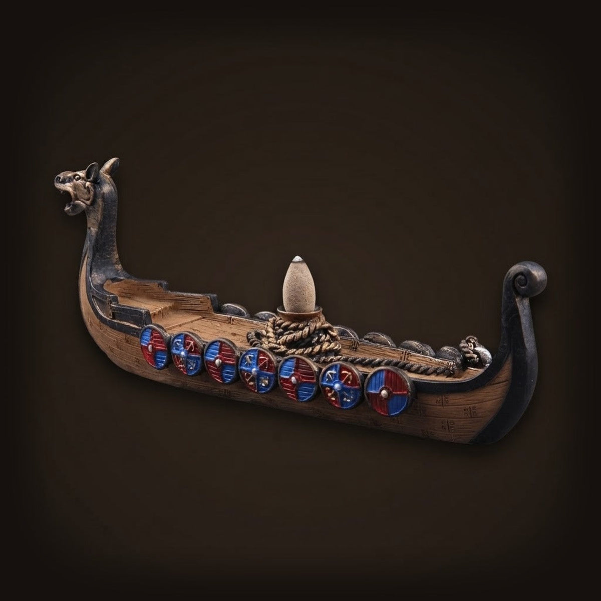 Brûleur d'encens en céramique en forme de drakkar viking avec boucliers bleus et rouges, décoration viking pour cônes cascade.