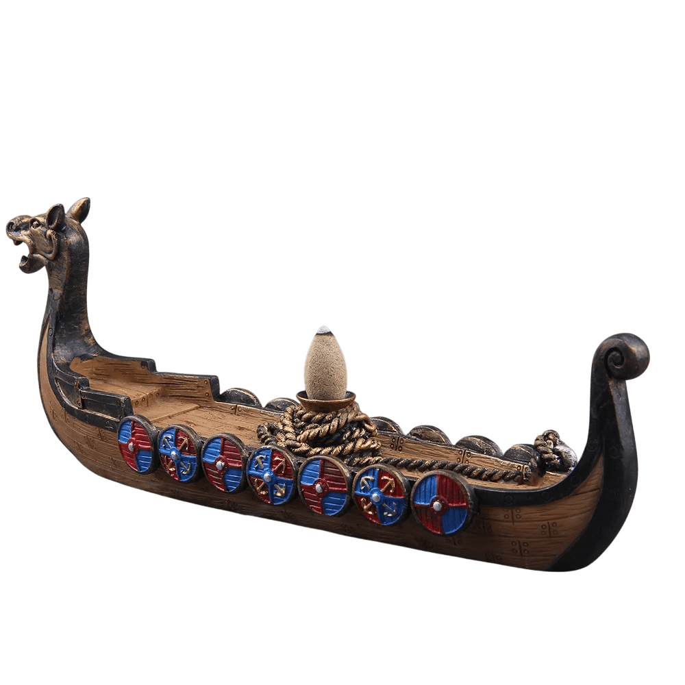 Brûleur d'encens en céramique en forme de drakkar viking avec boucliers bleus et rouges, décoration viking pour cônes cascade.