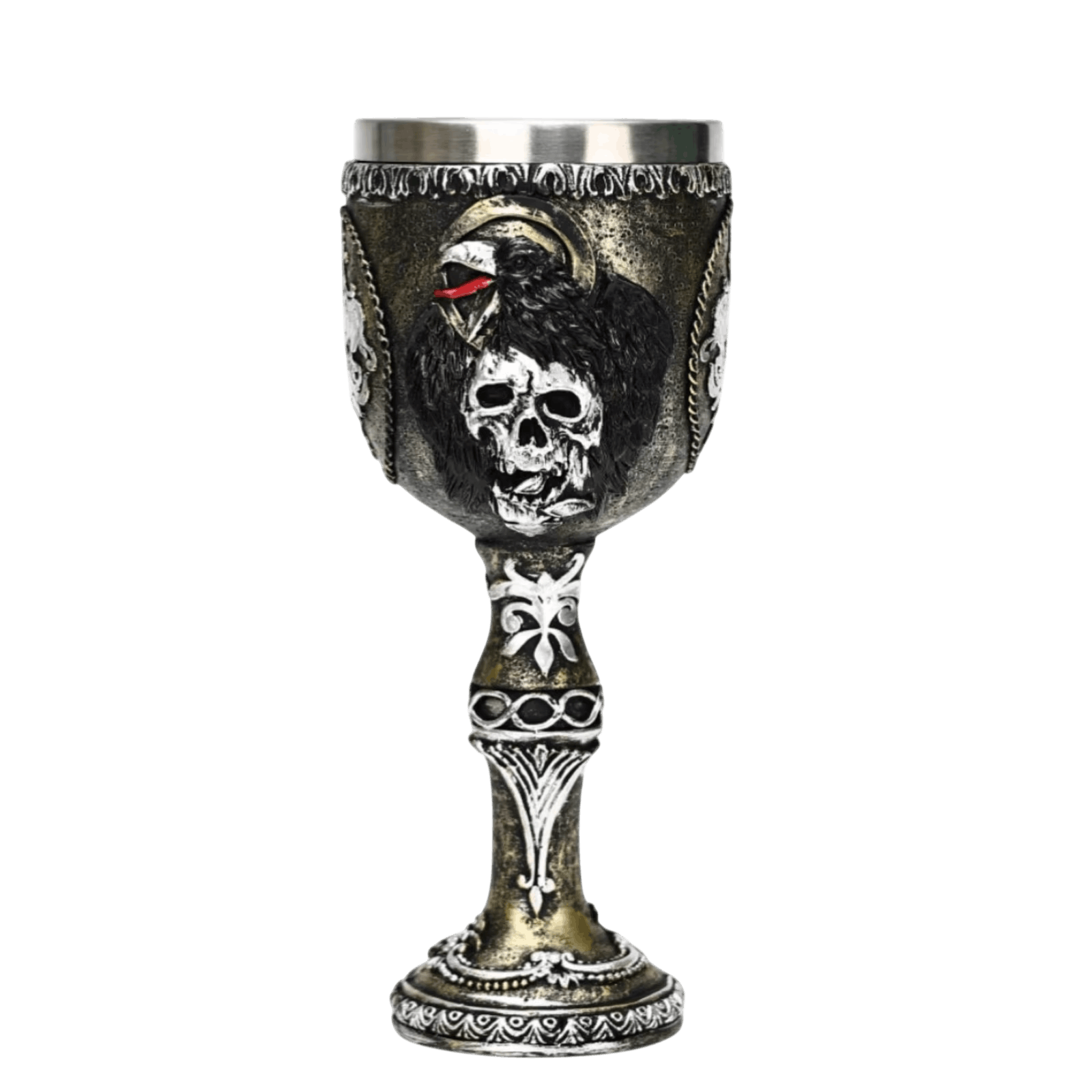 Calice au corbeau perché sur un crâne, résine argent et bronze, fût gothique ajouré et godet acier
